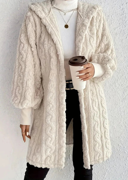 Open Front Long Sleeve Fuzzy Hooded Jacket - Trendsi