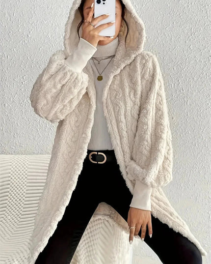 Open Front Long Sleeve Fuzzy Hooded Jacket - Trendsi