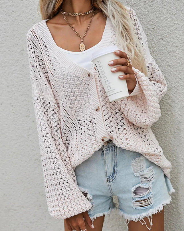 Openwork Button Front Cardigan - Trendsi