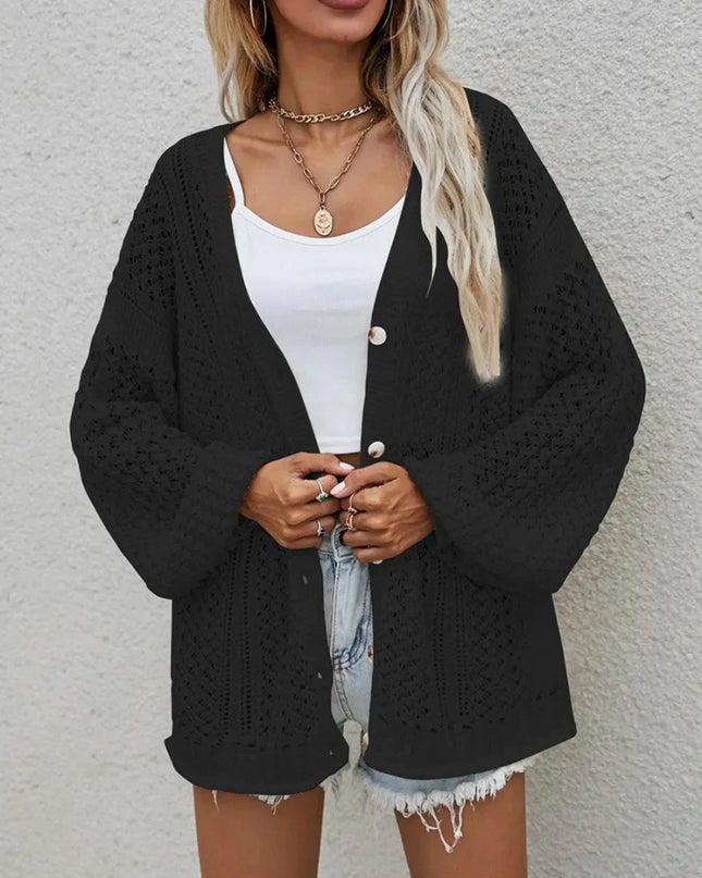 Openwork Button Front Cardigan - Trendsi