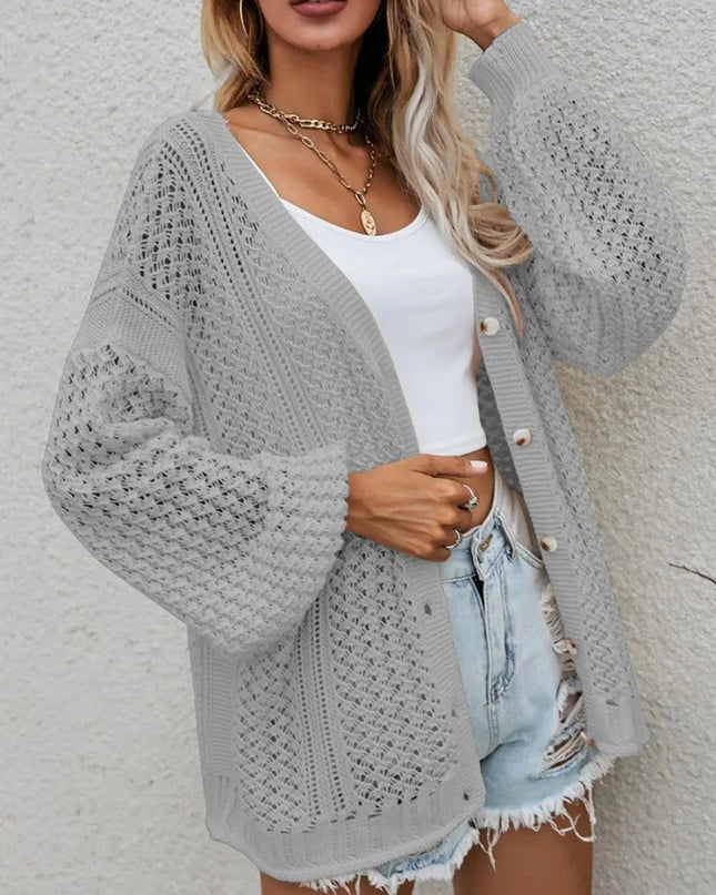Openwork Button Front Cardigan - Trendsi