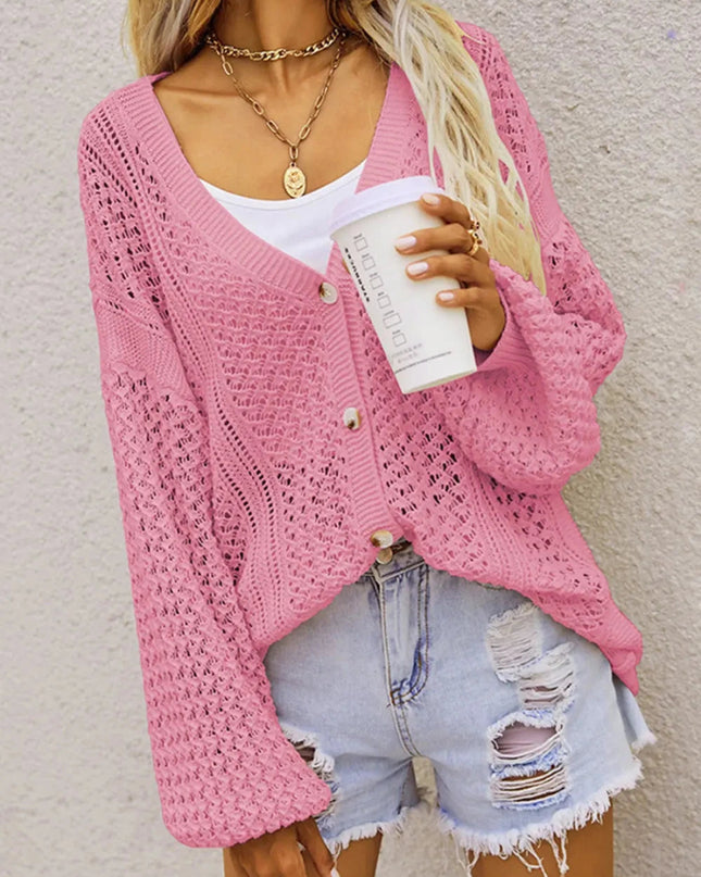 Openwork Button Front Cardigan - Trendsi