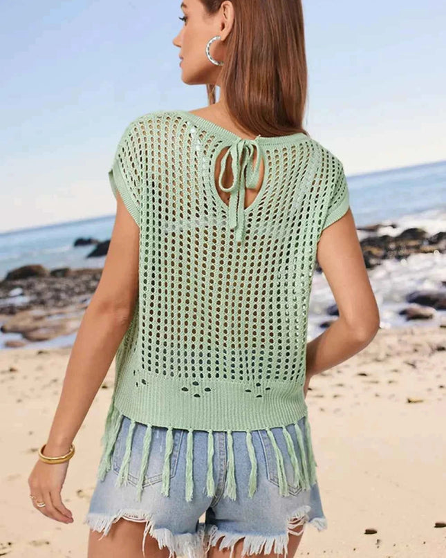 Openwork Cap Sleeve Knit Cover Up with Tassel - Trendsi