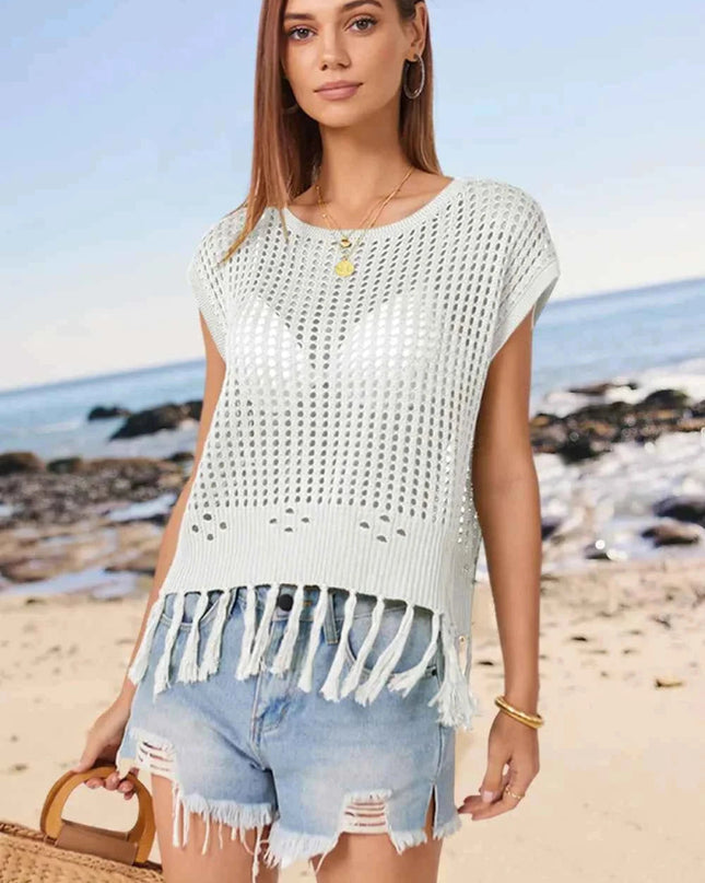 Openwork Cap Sleeve Knit Cover Up with Tassel - Trendsi