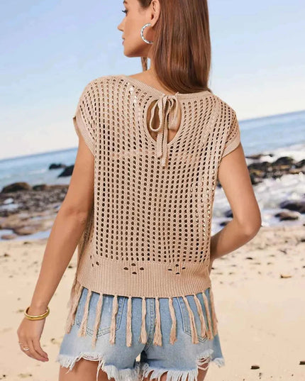 Openwork Cap Sleeve Knit Cover Up with Tassel - Trendsi