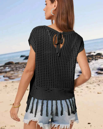 Openwork Cap Sleeve Knit Cover Up with Tassel - Trendsi