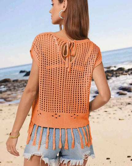 Openwork Cap Sleeve Knit Cover Up with Tassel - Trendsi