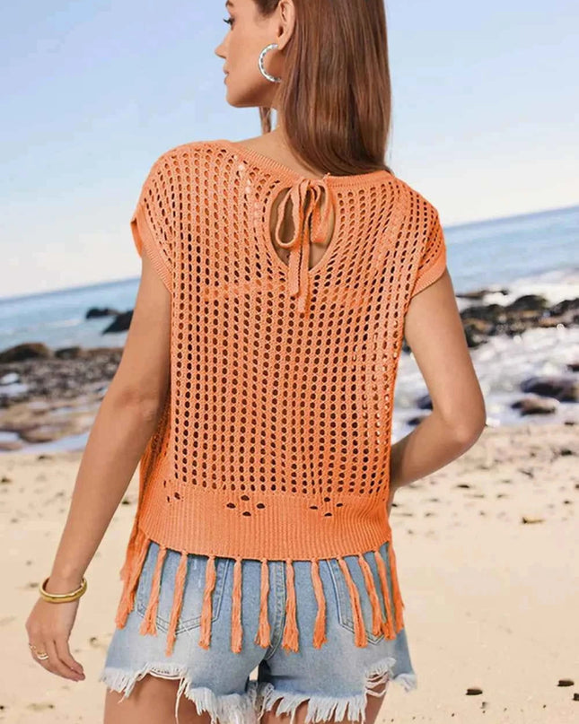 Openwork Cap Sleeve Knit Cover Up with Tassel - Trendsi
