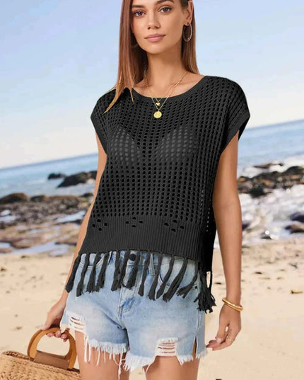 Openwork Cap Sleeve Knit Cover Up with Tassel - Trendsi