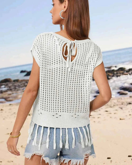 Openwork Cap Sleeve Knit Cover Up with Tassel - Trendsi