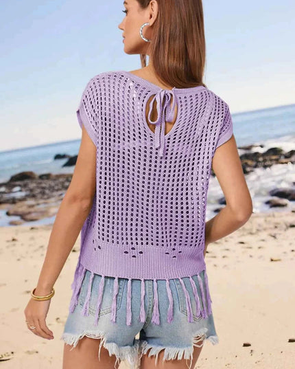 Openwork Cap Sleeve Knit Cover Up with Tassel - Trendsi