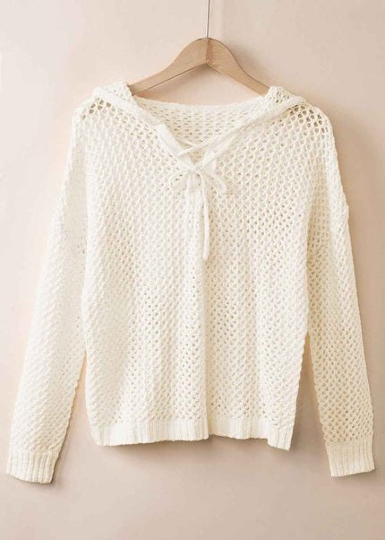 Openwork Lace - Up Hooded Sweater - Trendsi