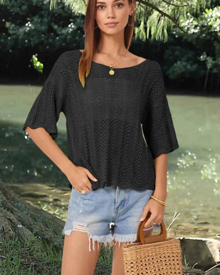 Openwork Round Neck Half Sleeve Knit Top - Trendsi