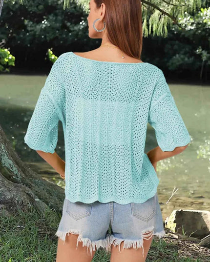 Openwork Round Neck Half Sleeve Knit Top - Trendsi