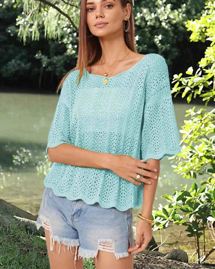 Openwork Round Neck Half Sleeve Knit Top - Trendsi