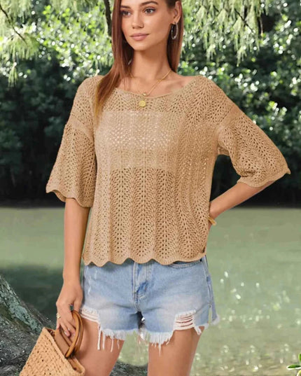 Openwork Round Neck Half Sleeve Knit Top - Trendsi