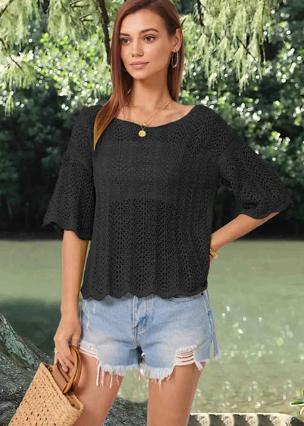 Openwork Round Neck Half Sleeve Knit Top - Trendsi