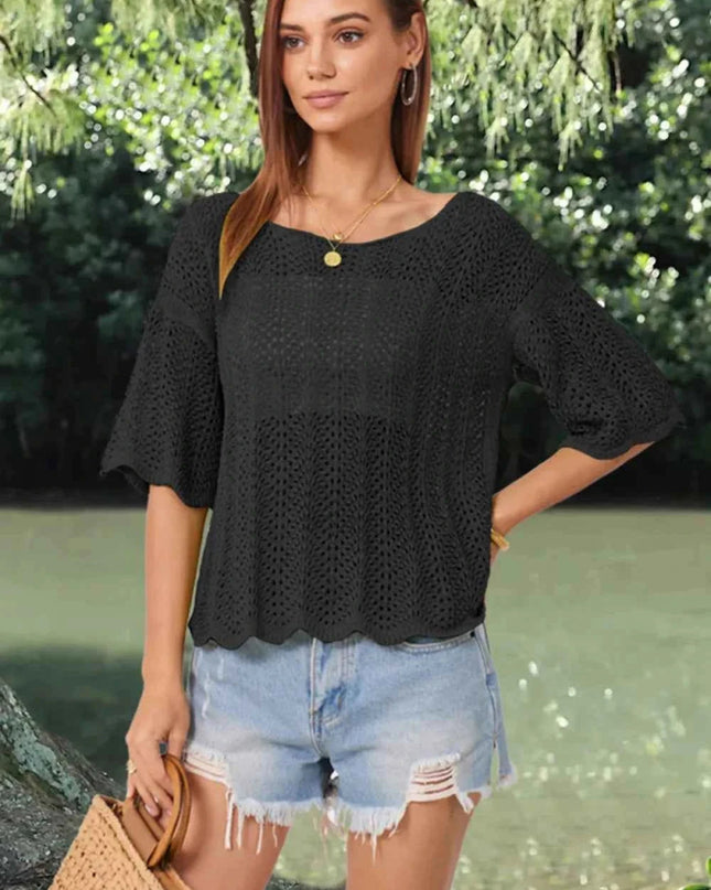 Openwork Round Neck Half Sleeve Knit Top - Trendsi