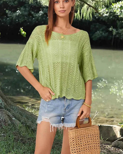 Openwork Round Neck Half Sleeve Knit Top - Trendsi