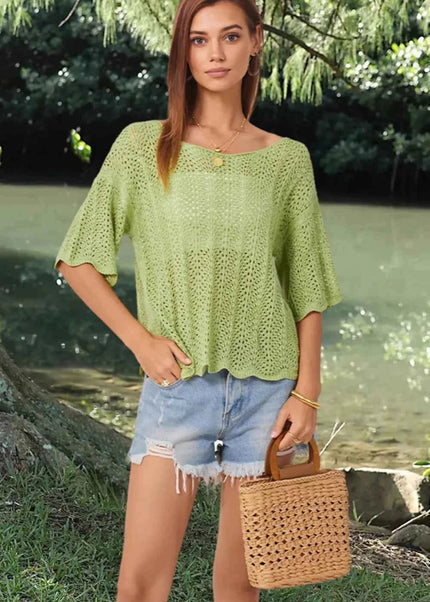Openwork Round Neck Half Sleeve Knit Top - Trendsi
