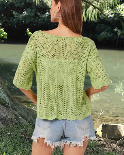 Openwork Round Neck Half Sleeve Knit Top - Trendsi