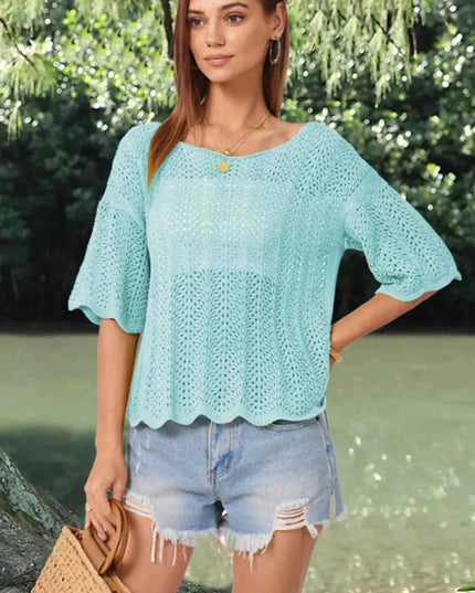 Openwork Round Neck Half Sleeve Knit Top - Trendsi