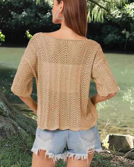 Openwork Round Neck Half Sleeve Knit Top - Trendsi