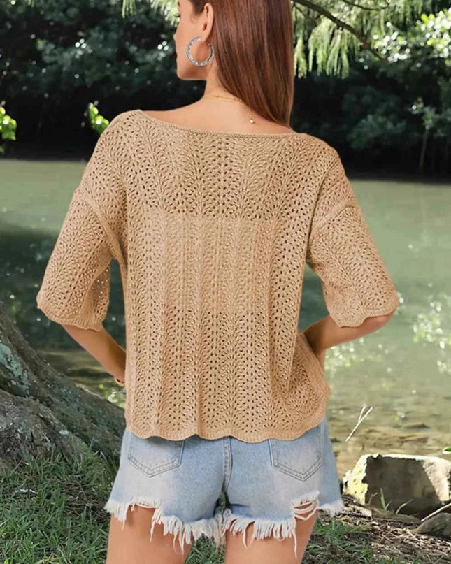 Openwork Round Neck Half Sleeve Knit Top - Trendsi