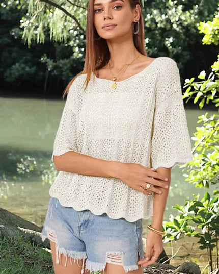 Openwork Round Neck Half Sleeve Knit Top - Trendsi