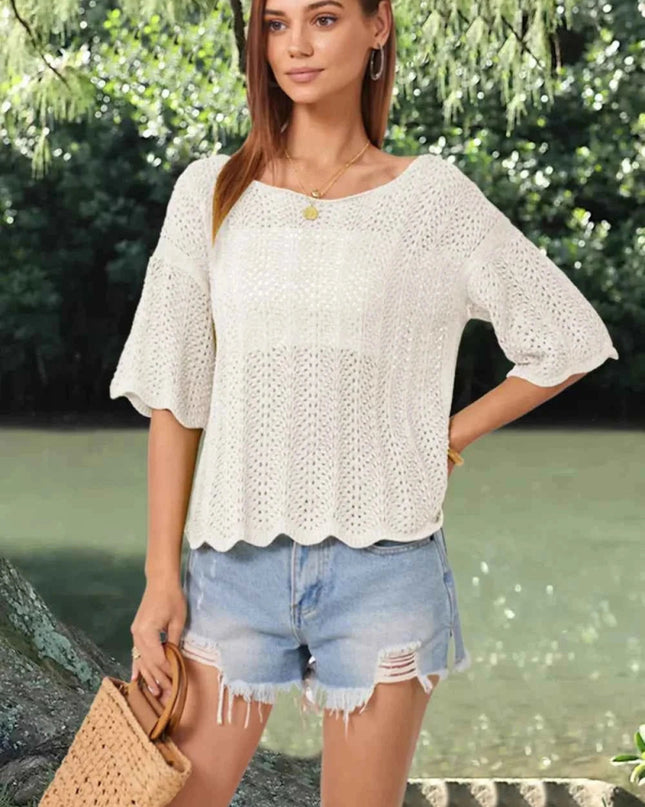 Openwork Round Neck Half Sleeve Knit Top - Trendsi