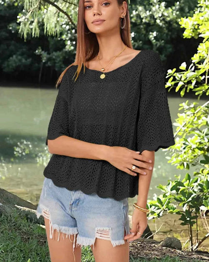 Openwork Round Neck Half Sleeve Knit Top - Trendsi