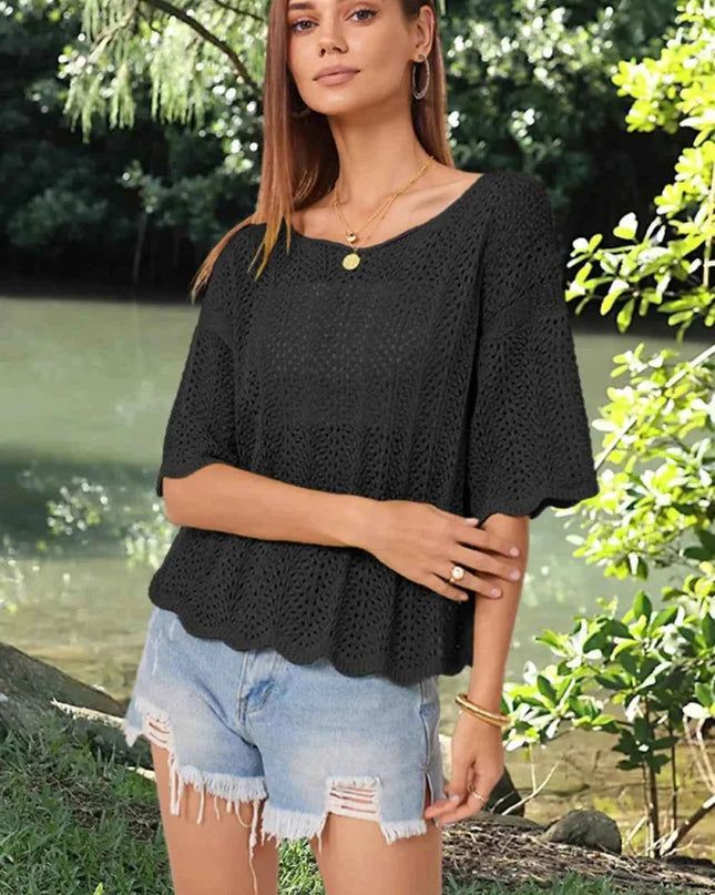 Openwork Round Neck Half Sleeve Knit Top - Trendsi