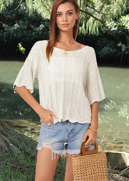 Openwork Round Neck Half Sleeve Knit Top - Trendsi