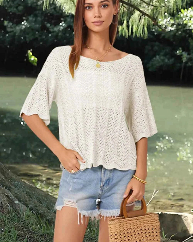 Openwork Round Neck Half Sleeve Knit Top - Trendsi