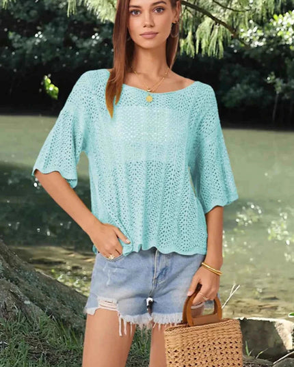 Openwork Round Neck Half Sleeve Knit Top - Trendsi
