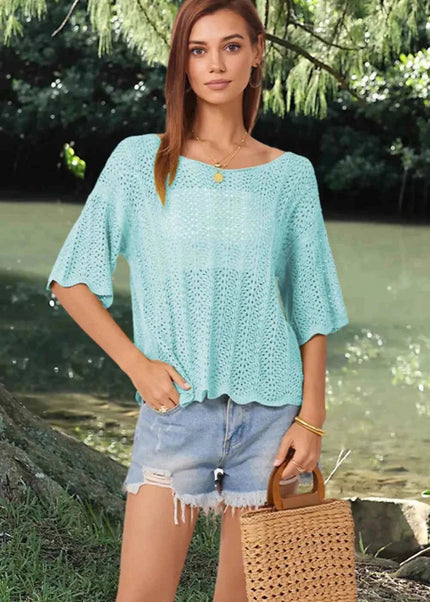 Openwork Round Neck Half Sleeve Knit Top - Trendsi