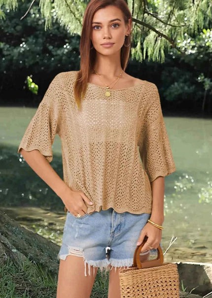 Openwork Round Neck Half Sleeve Knit Top - Trendsi