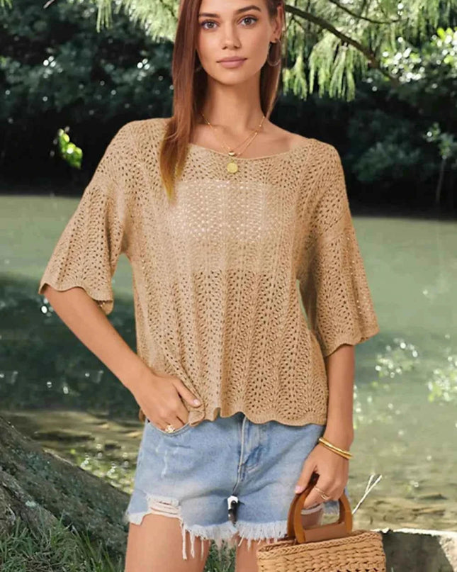 Openwork Round Neck Half Sleeve Knit Top - Trendsi