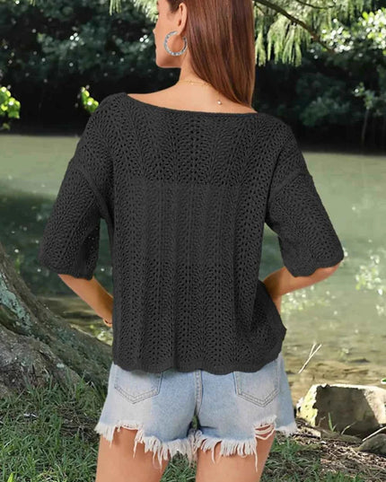 Openwork Round Neck Half Sleeve Knit Top - Trendsi