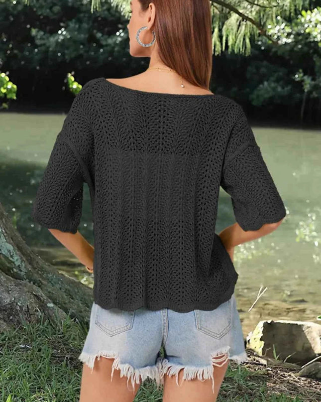 Openwork Round Neck Half Sleeve Knit Top - Trendsi