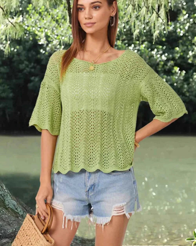 Openwork Round Neck Half Sleeve Knit Top - Trendsi
