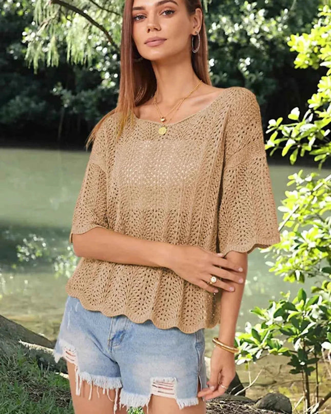 Openwork Round Neck Half Sleeve Knit Top - Trendsi