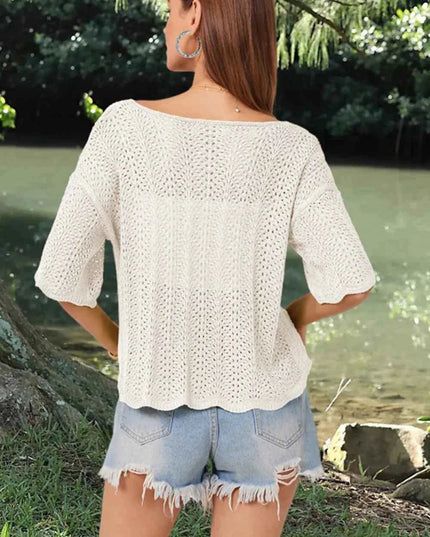 Openwork Round Neck Half Sleeve Knit Top - Trendsi