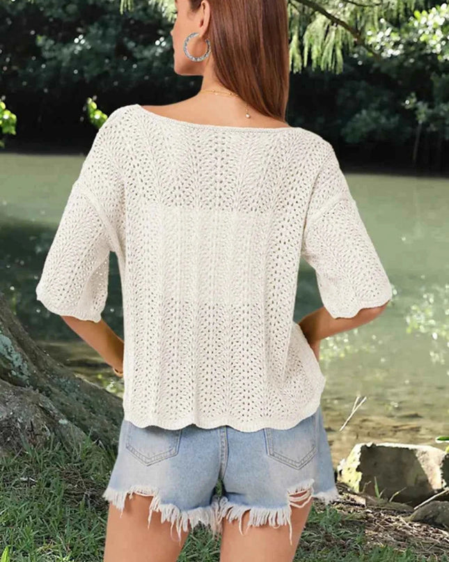 Openwork Round Neck Half Sleeve Knit Top - Trendsi