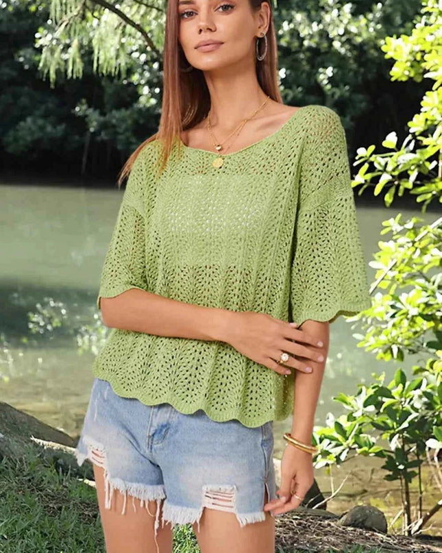 Openwork Round Neck Half Sleeve Knit Top - Trendsi