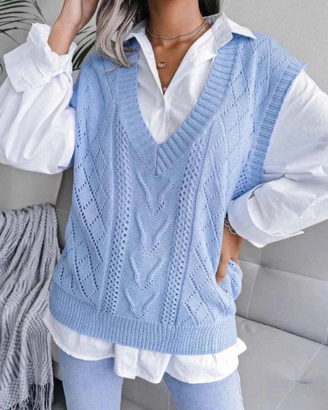 Openwork V - Neck Sweater Vest - Trendsi
