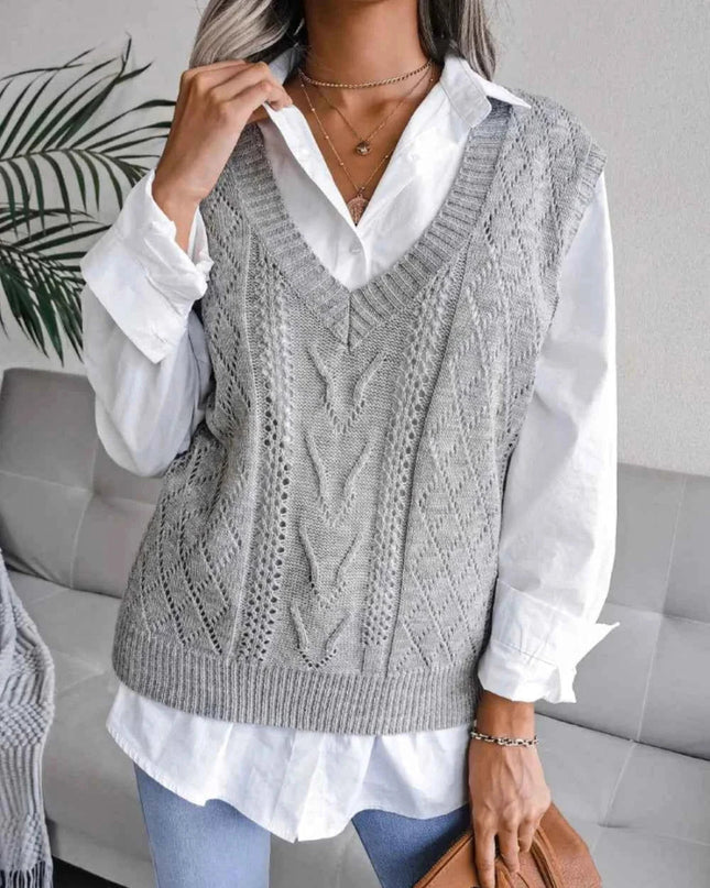Openwork V - Neck Sweater Vest - Trendsi