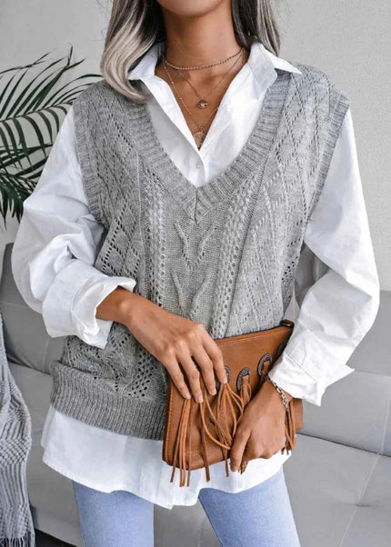 Openwork V - Neck Sweater Vest - Trendsi