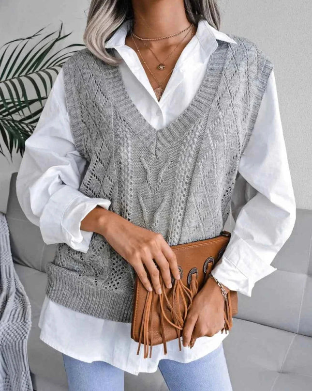 Openwork V - Neck Sweater Vest - Trendsi