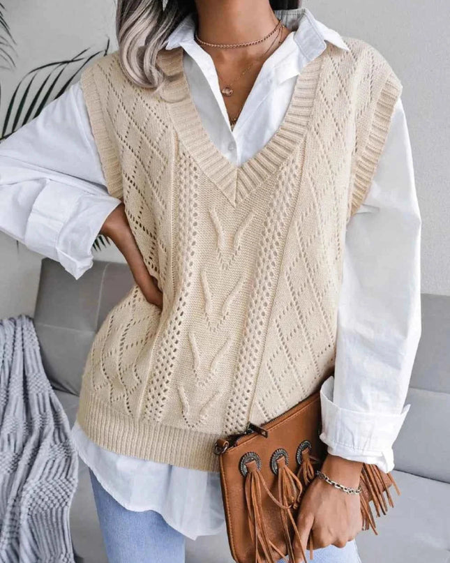 Openwork V - Neck Sweater Vest - Trendsi